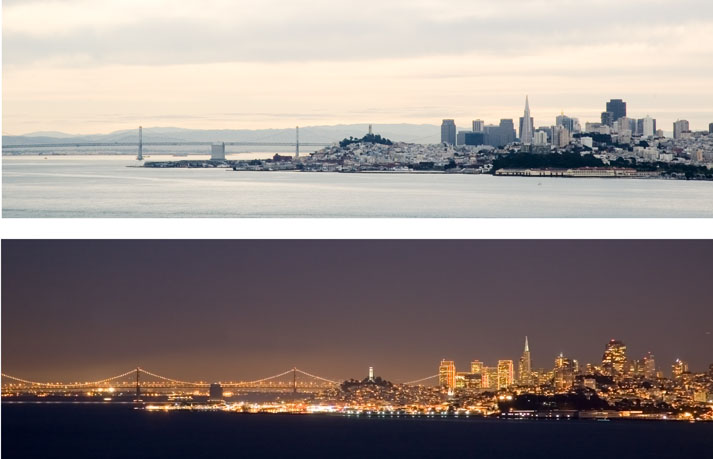 San Francisco Skyline, Day, Night, CA